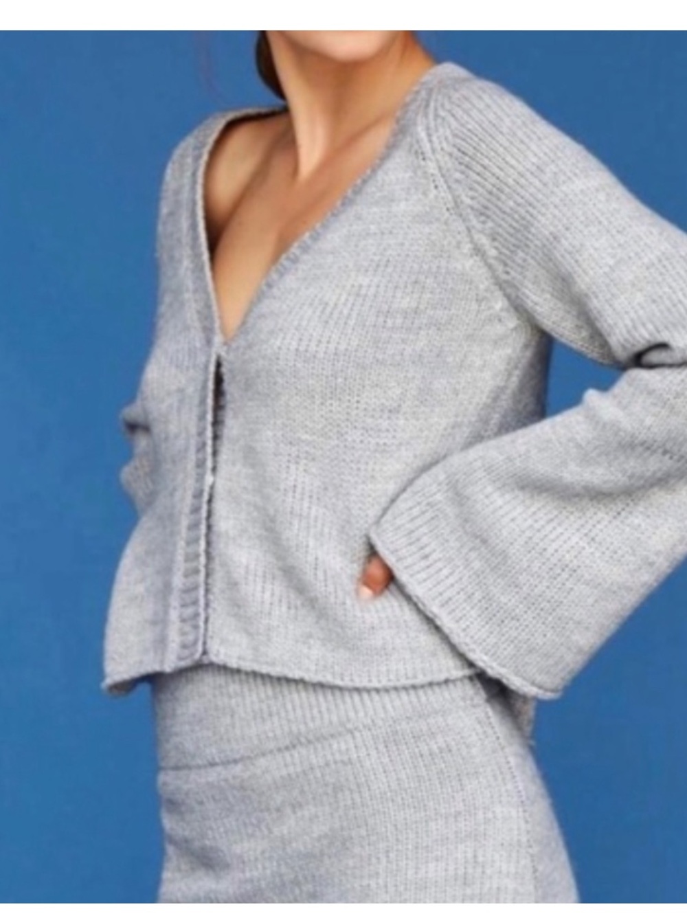 Callahan Light Gray V-Neck Bell Sleeve Knit Sweater